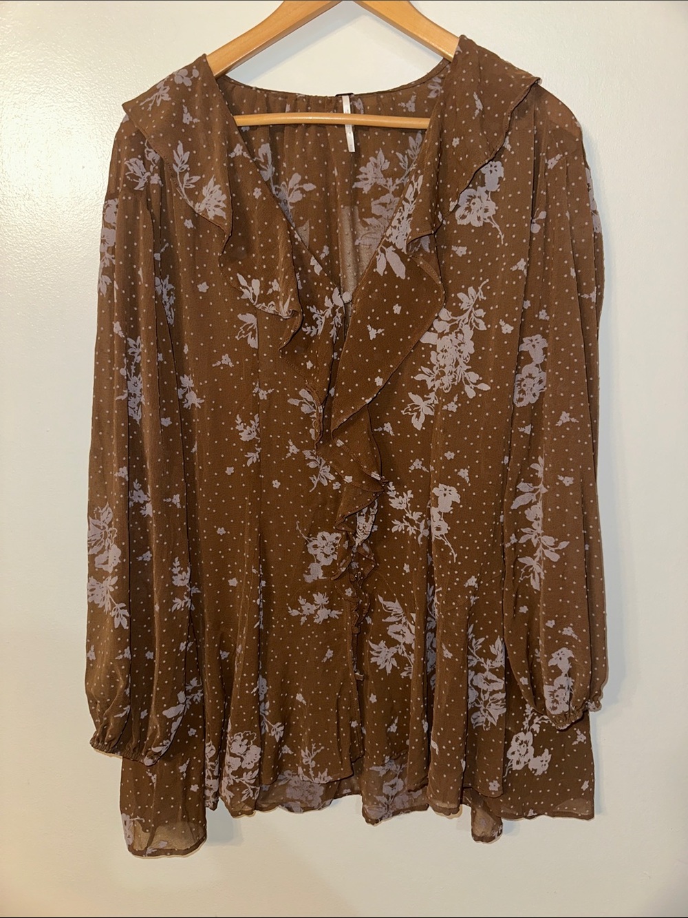 Brown Floral Ruffle V-Neck Women’s Blouse